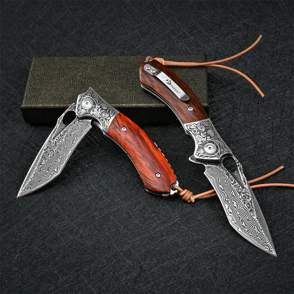 SDOKEDC Folding Damascus Pocket Knife for Men Tactical Outdoor Camping Survival Hunting EDC Self Defense Jackknife