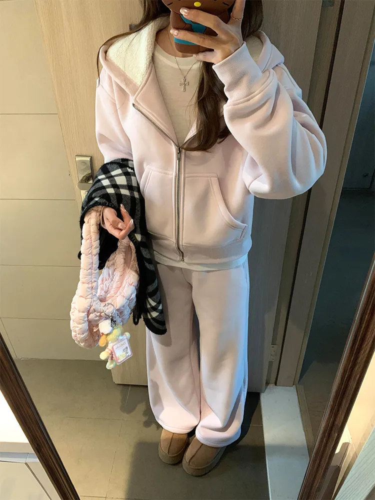 

Розовый повседневный модный комплект с капюшоном: женский свободный утягивающий свитшот и брюки с высокой талией, утепленные, для зимы, весны и осени