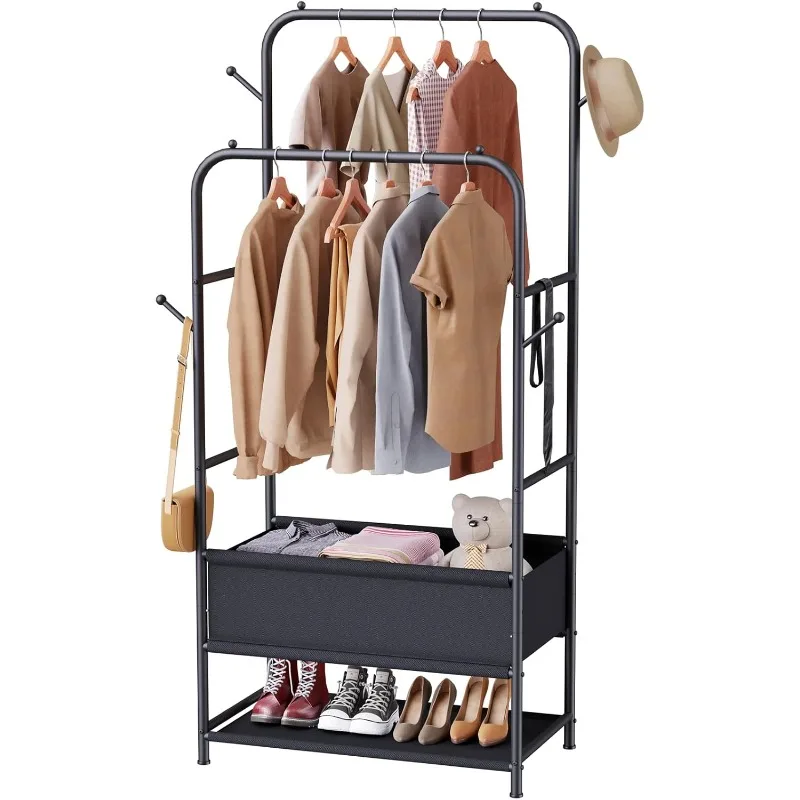 

Double Rods Clothing Garment Rack with Storage Box,Clothing Rack for Hanging Clothes with 4 Side Hooks,Metal