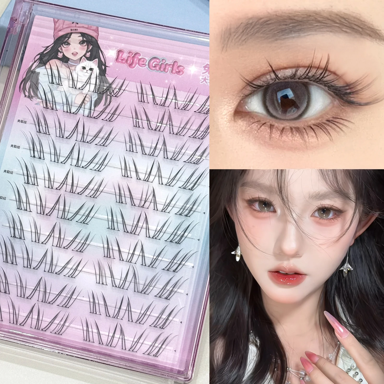 Nuevo estilo chino pestañas postizas sin pegamento Natural fino suave transparente tallo Hada pestañas postizas extensión de pestañas segmentadas