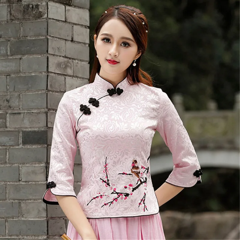 S-5XL haftowany Cheongsam Top kobiety przylegająca elegancka tradycyjne chińskie ubrania chiny koszule Vintage strój Tang bluzka w stylu etnicznym