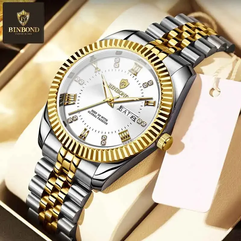 

Брендовые мужские деловые спортивные кварцевые часы BINBOND, классические водонепроницаемые светящиеся календари, креативные часы, мужские персонализированные наручные часы