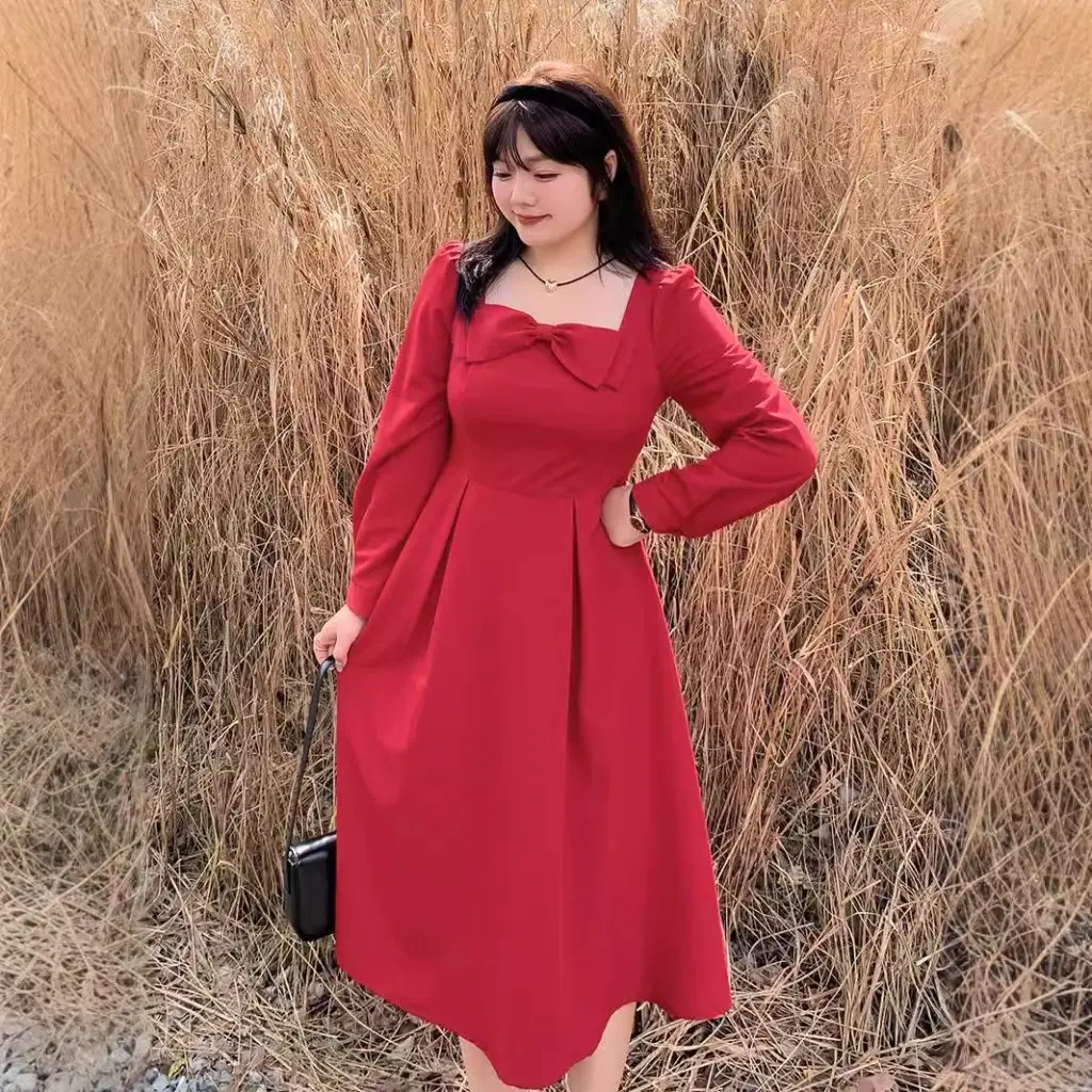 

K2505 женское платье больших размеров во французском стиле ретро с квадратным воротником, весенне-осенний стиль, одежда с бантом и деталью для толстой сестры