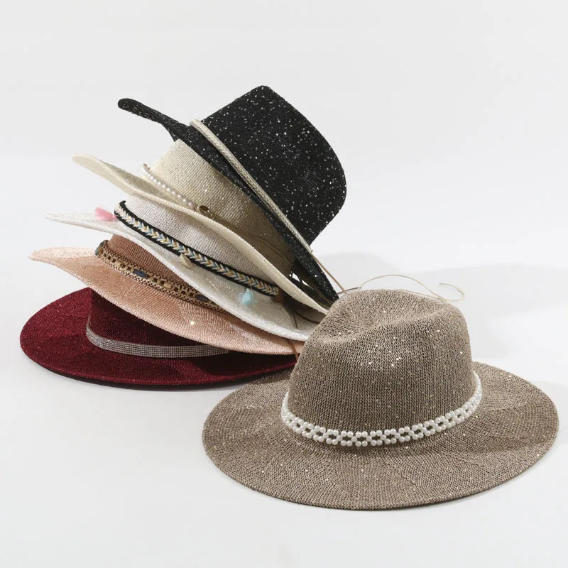 women-breathable-straw-fedora-hat-spring-summer-sequin-decor-outdoor-sun-protection-cap