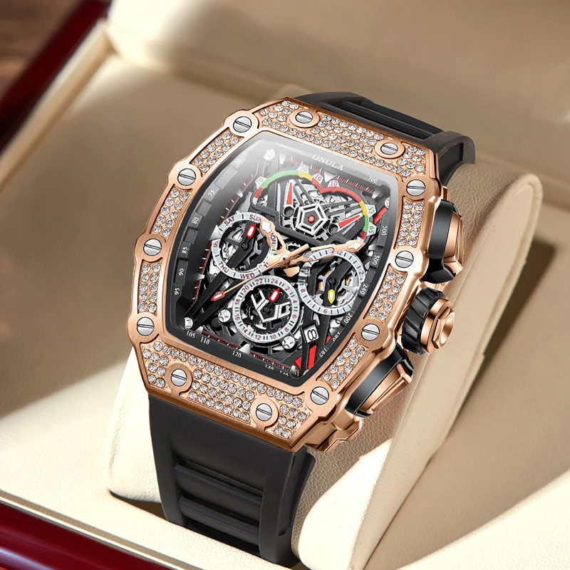 ONOLA Luxury Diamond Mechanical Wristwatches Fashion Sports Square Date Waterproof Automatic Man Watch Men Military Watch Clock