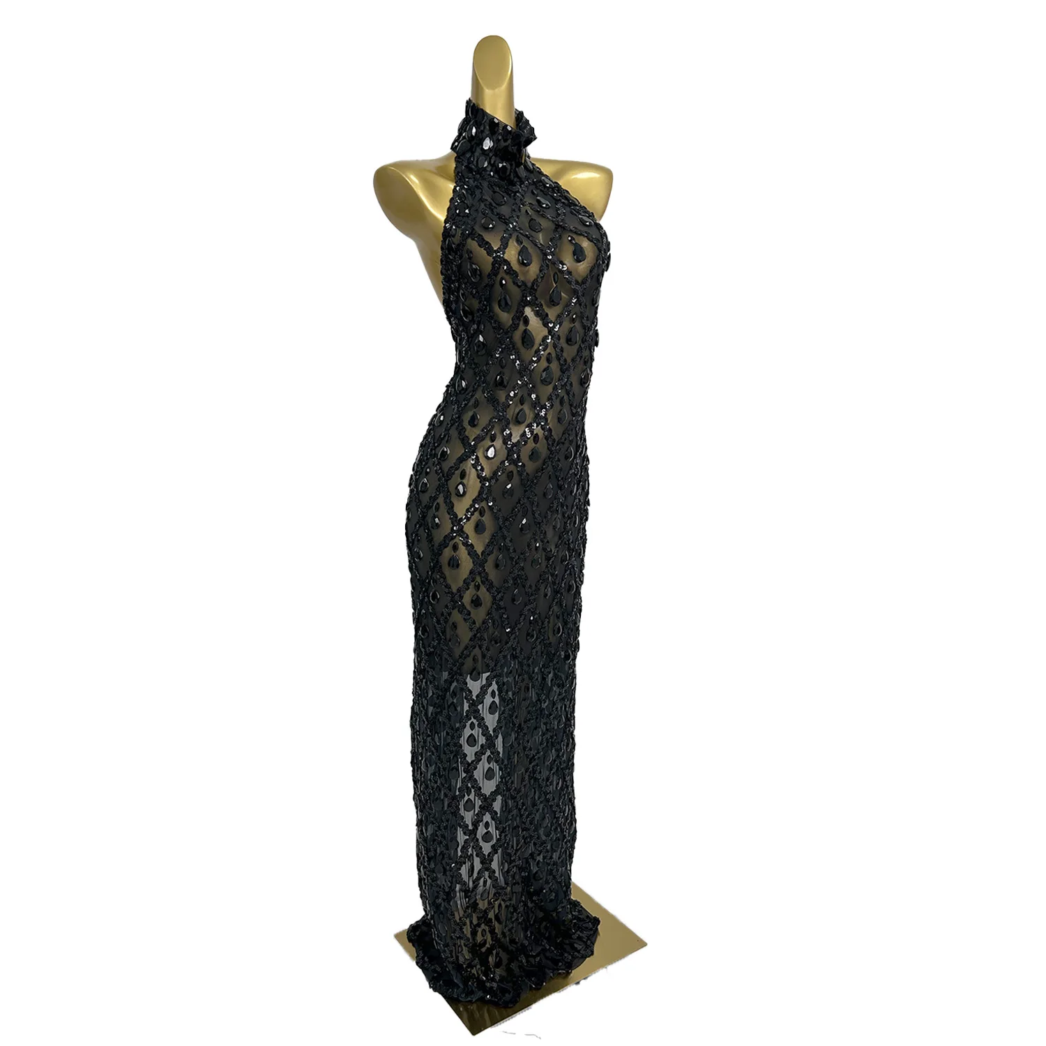 Maxivestido negro transparente para mujer, vestido Sexy de lujo para cena, vestidos formales sin espalda, vestido de fiesta de cena de lujo para cumpleaños