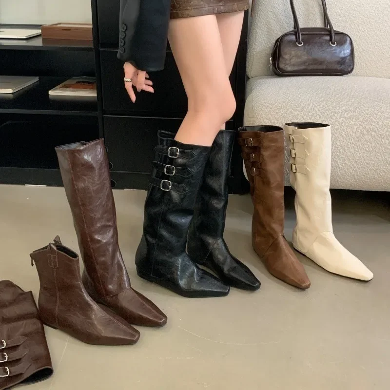 

Women's Square Toe High Boots 2025New Autumn Style Two-tone Square Heel Metal Buckle Versatile Elastic Mid-calf Boots Sizes35-40
