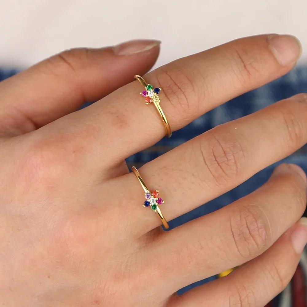 promotion drop shipping jewelry simple delicate cute ring thin gold color band colorful cz paved fashion trendy ring