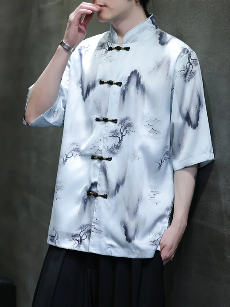 

New Chinese Sle Ice Silk ort Sve irt Men's Retro Print Rvated Hanfu Buddhist Clothes Button down Loose Fit Summer...