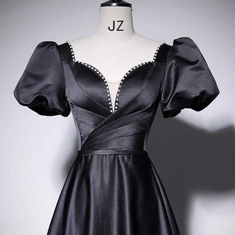 Customized Evening Dress Black Satin Beads V-Neck Short Sleeves Floor Length Lace Up A-Line Plus Size Women party Formal Gowns