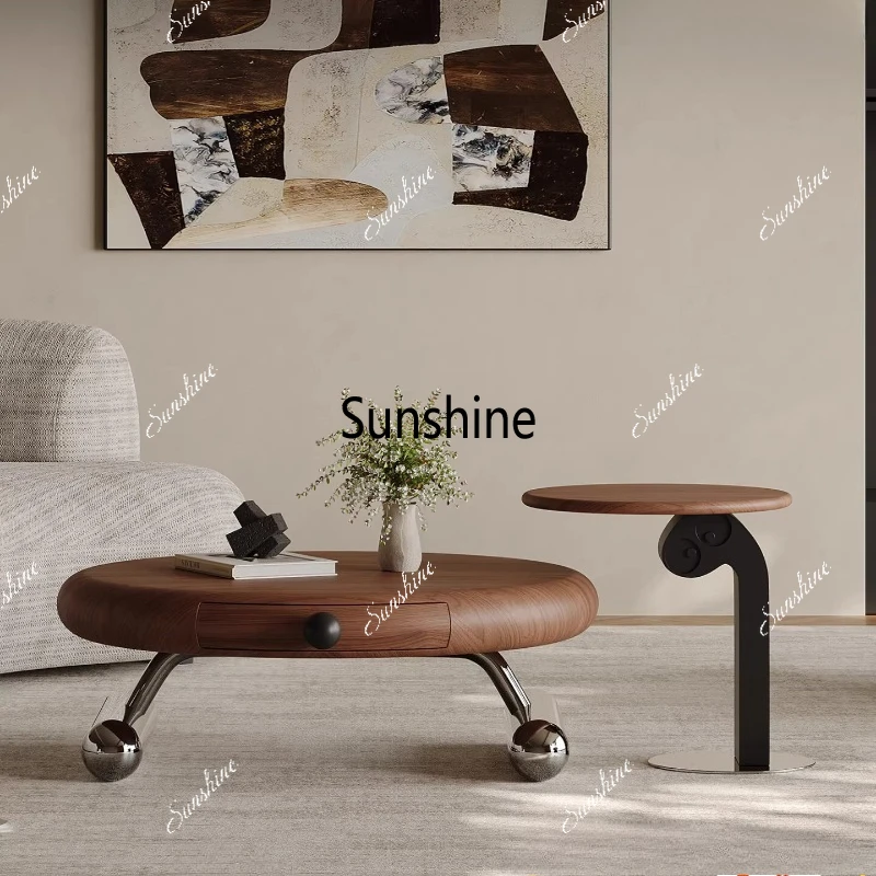 

Medieval style round solid wood coffee table storage living room stainless steel light luxury coffee table