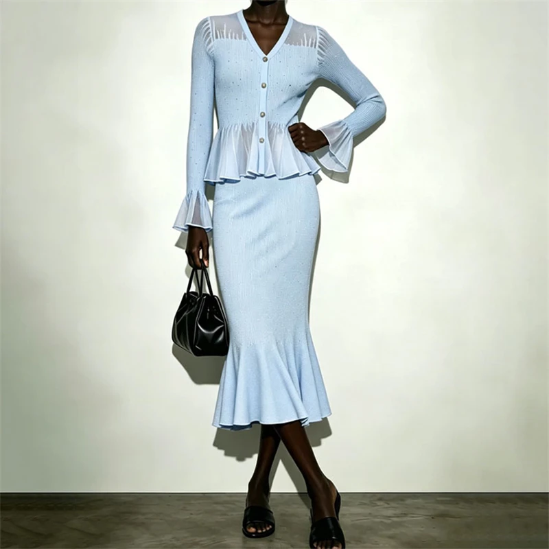 Autumn New V-Neck Thin Sparkling Diamond Flared Sleeve Mesh Splice Knitted Cardigan Fashion Slim Fish Tail Half Skirt Set