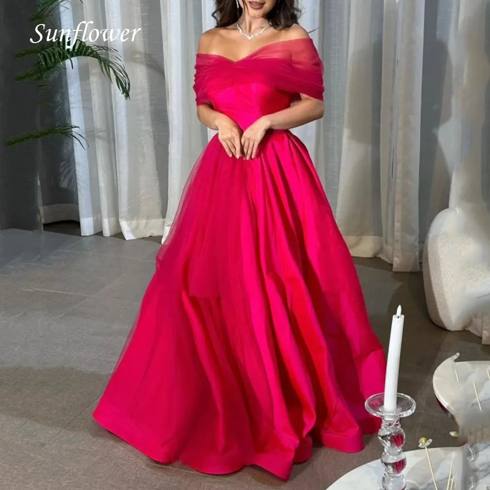 Sunflower Off the Shoulder Prom Gowns Floor-Length A-LINE Evening Dress Short Sleeves Party Dress 2023 Tulle High-end Custom