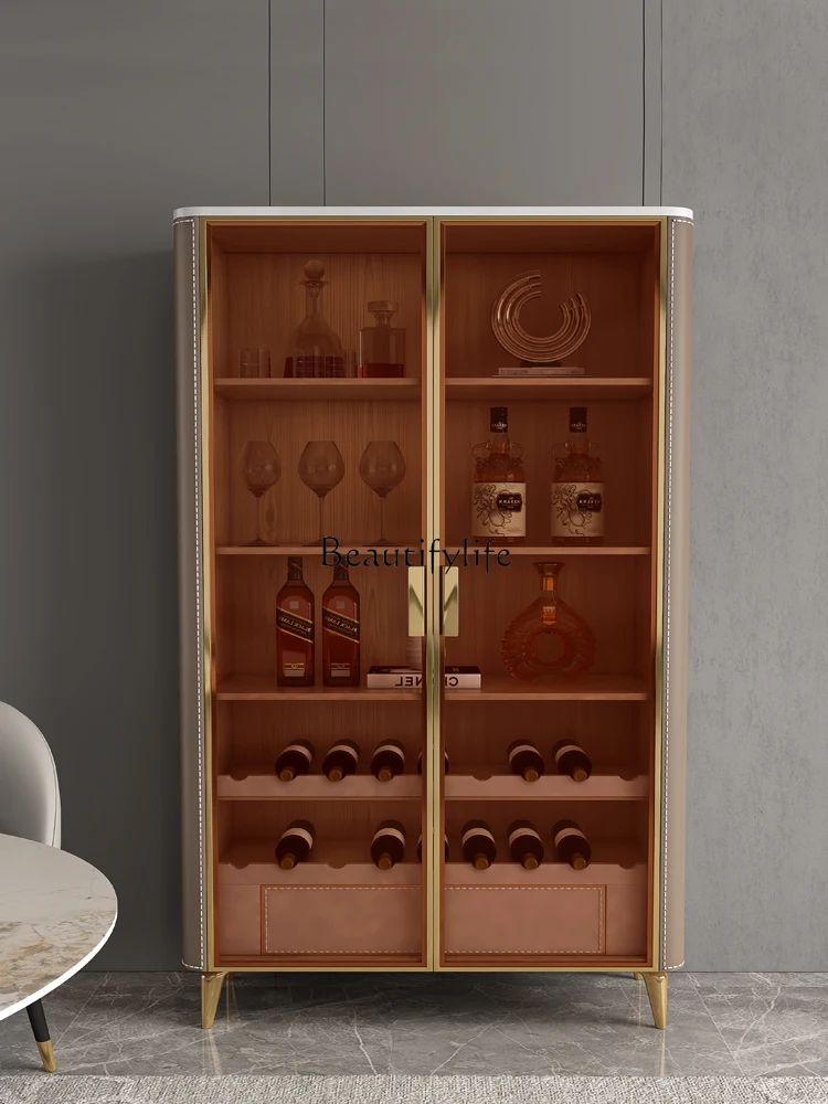 Light Luxury High-Grade Glass Door Wine Cabinet Living Room Home Wall Saddle Leather Display Sideboard Cabinet