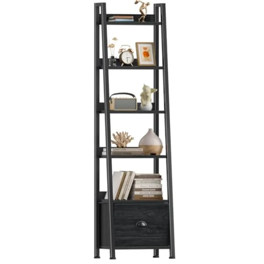 

Ladder Shelf, Ladder Bookshelf with Drawer, Industrial Tall Bookcase, Storage Rack Organizer, Wood Metal Freestanding Shelves f