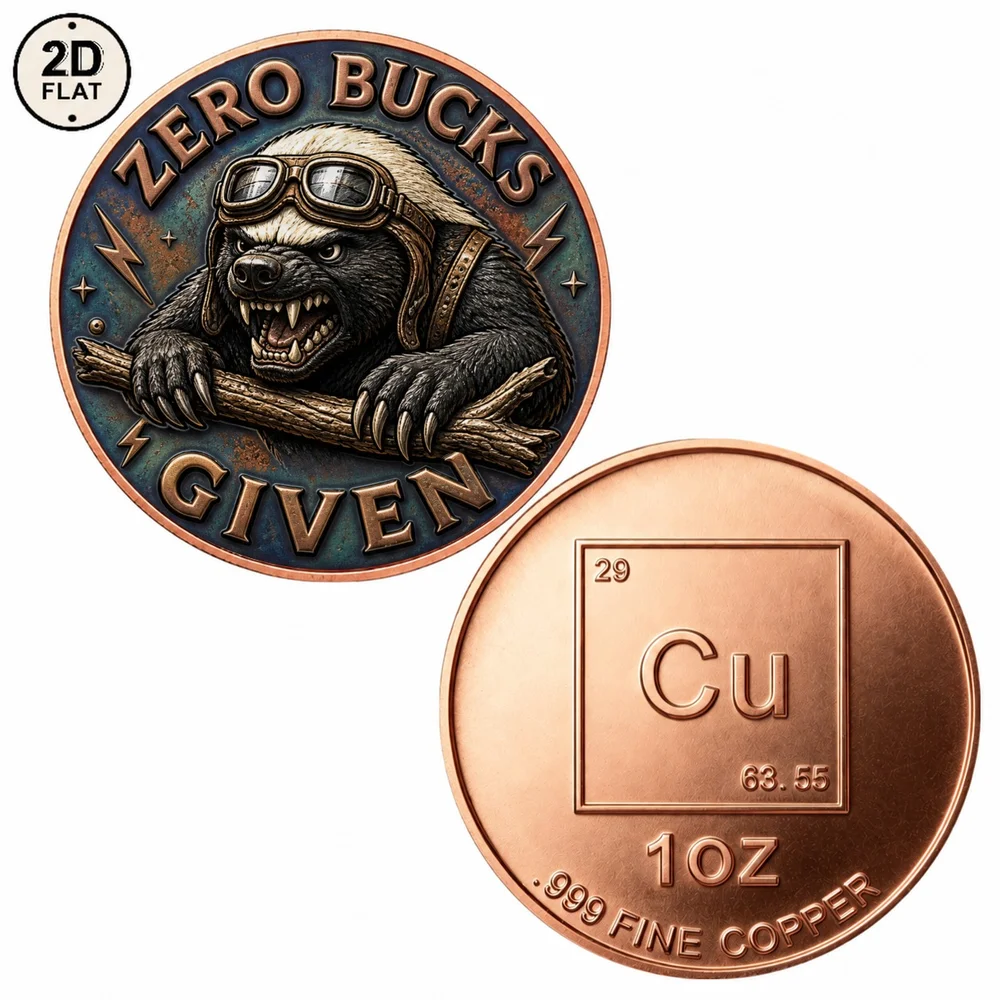 1pc Wildlife 1 OZ .999 Pure Copper Commemorative Coin Zero Bucks Given Honey Badger Pilot Collectible Coin Funny Animal Souvenir