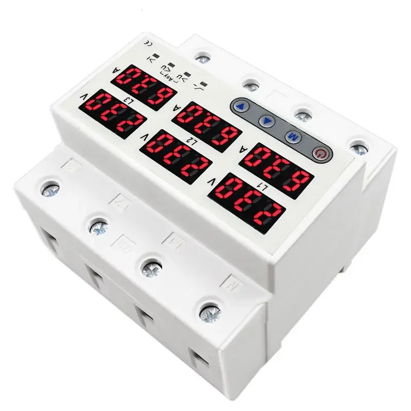 Three 3 Phase Adjustable Voltage Current Protector 63A 60A 220V 3P+N Over and Under Volt Regulator Current Limiter Surge Protect