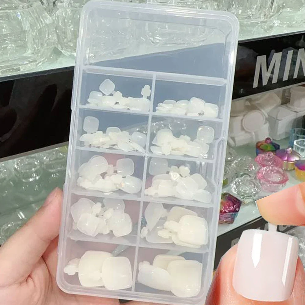 Short Square Fake Foot Nails with Box Natural White Transparent Artificial False Toenail Press on Toenail for Women Art Manicure
