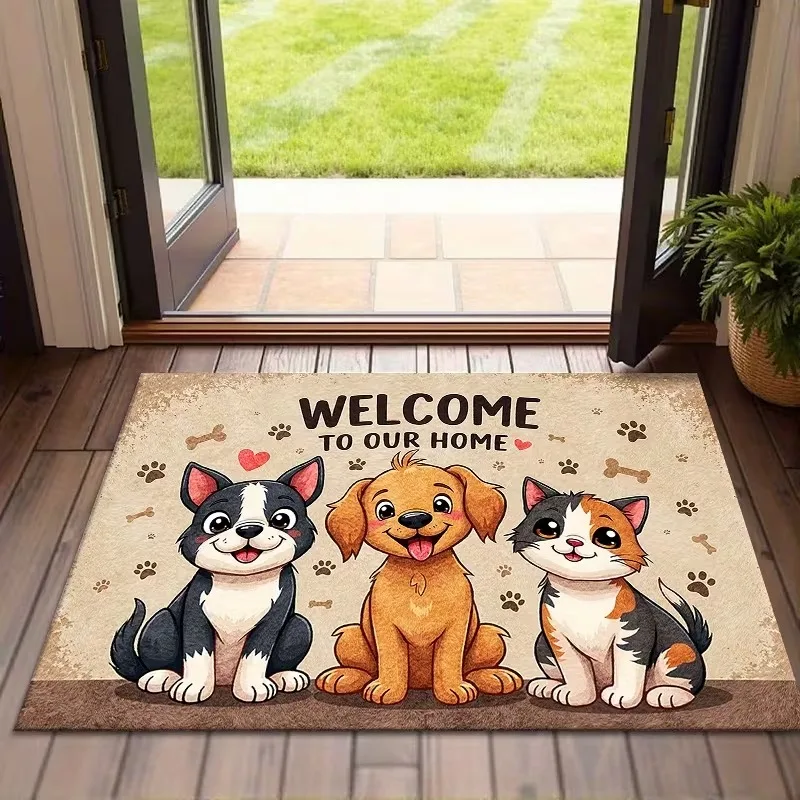 Entrance Doormat Puppy Cat Pet Patterned Mat Rectangle Welcome Carpet Non Slip Front Door Floor Rug Home Decor