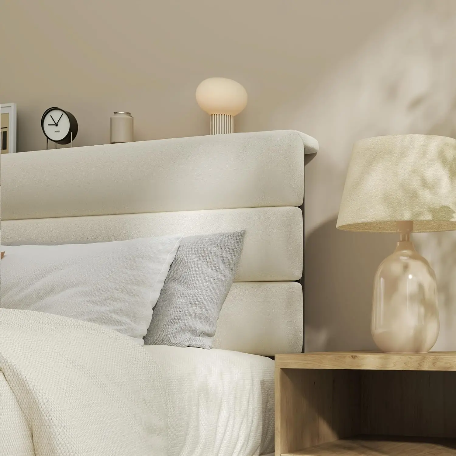 Queen Platform Bed Frame with Velvet Upholstered Headboard, No Box Spring Needed, Noise-Free Metal Support, Beige - view 3