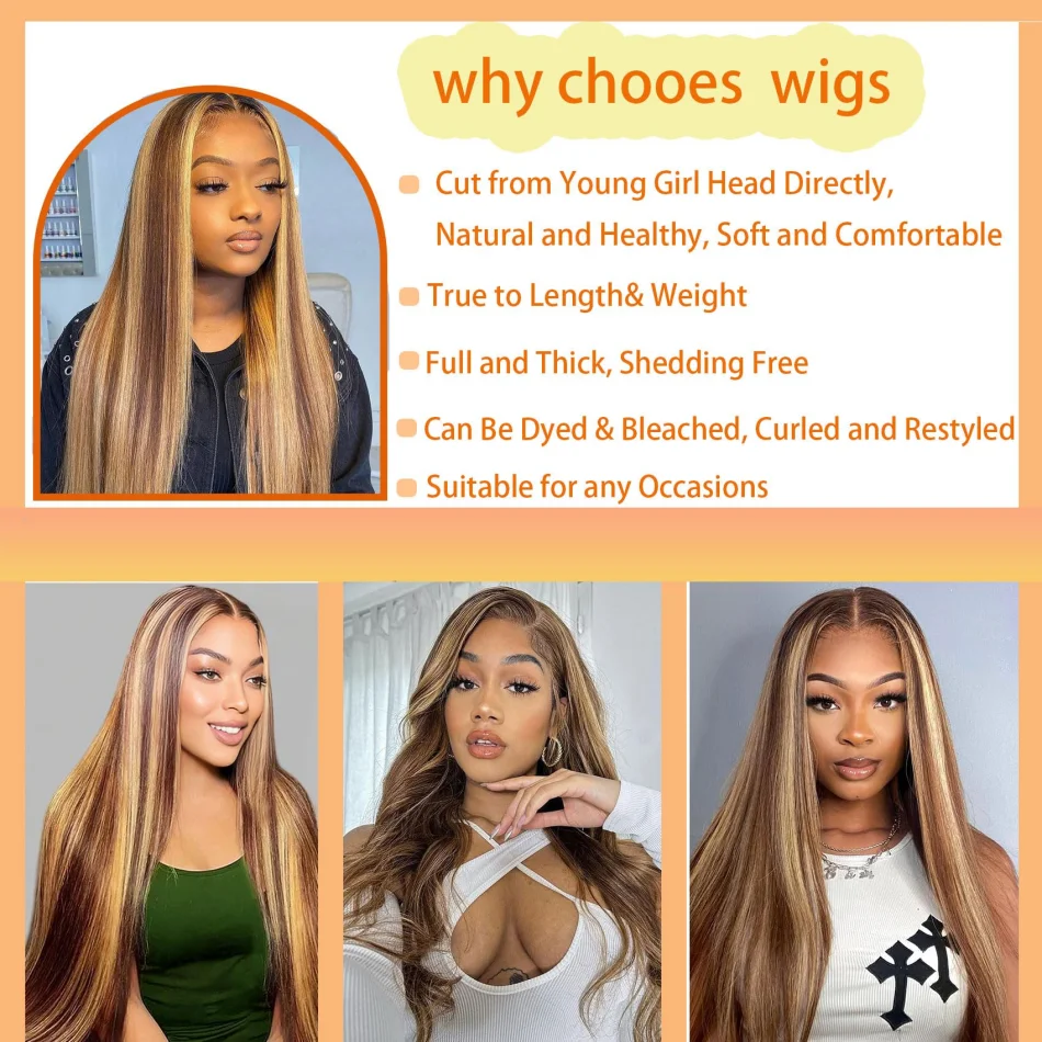Highlight Wig Human Hair 13X6 Hd Lace Frontal Wig 427 Straight Human Hair Wigs 30 38 Inch Pre Plucked Brazilian Wigs 250 Density image 5