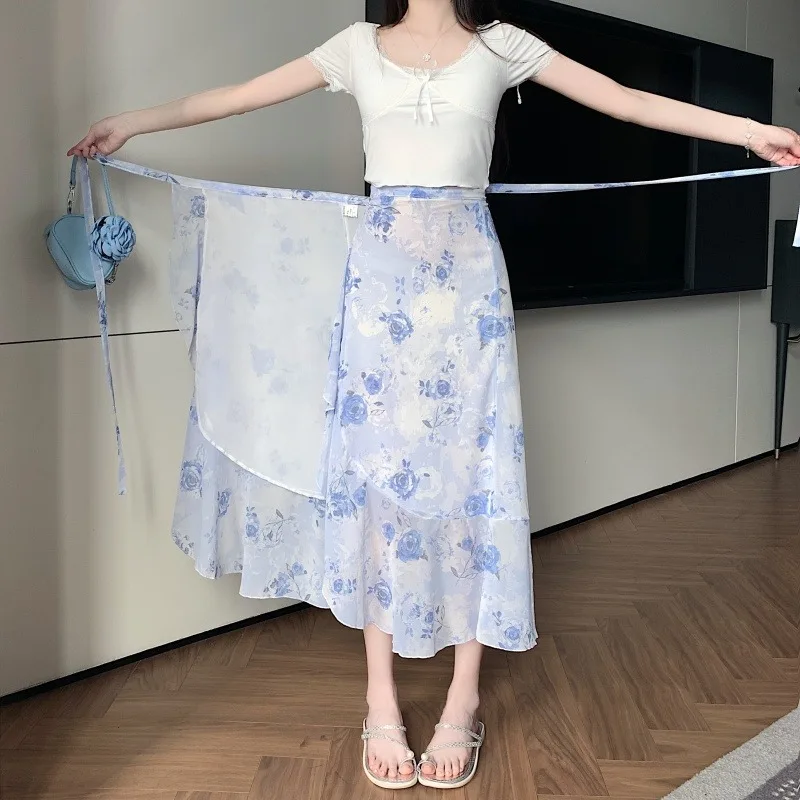 

Женская пляжная юбка-макси с цветочным кружевом, тонкая, с завышенной талией, стройнящая, драпированная, А-силуэт, в форме зонта, нежная, средней длины