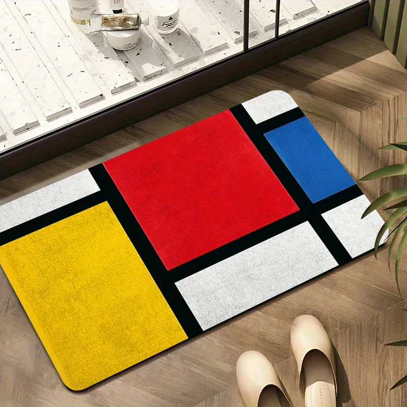 VIKAMA Mondrian alfombra absorbente con patrón geométrico rojo, amarillo y azul, alfombra antideslizante para baño, decoración del hogar