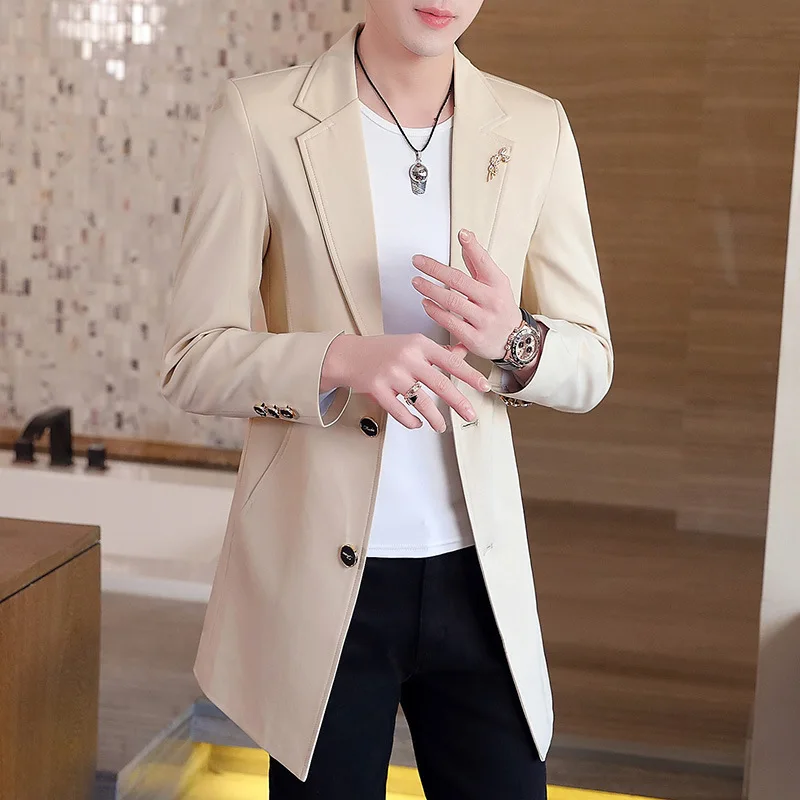 New Men\'s Business Casual Fashion Urban Korean Trend Slim Solid Color Small Suit Jacket Spring blazers long dress coat