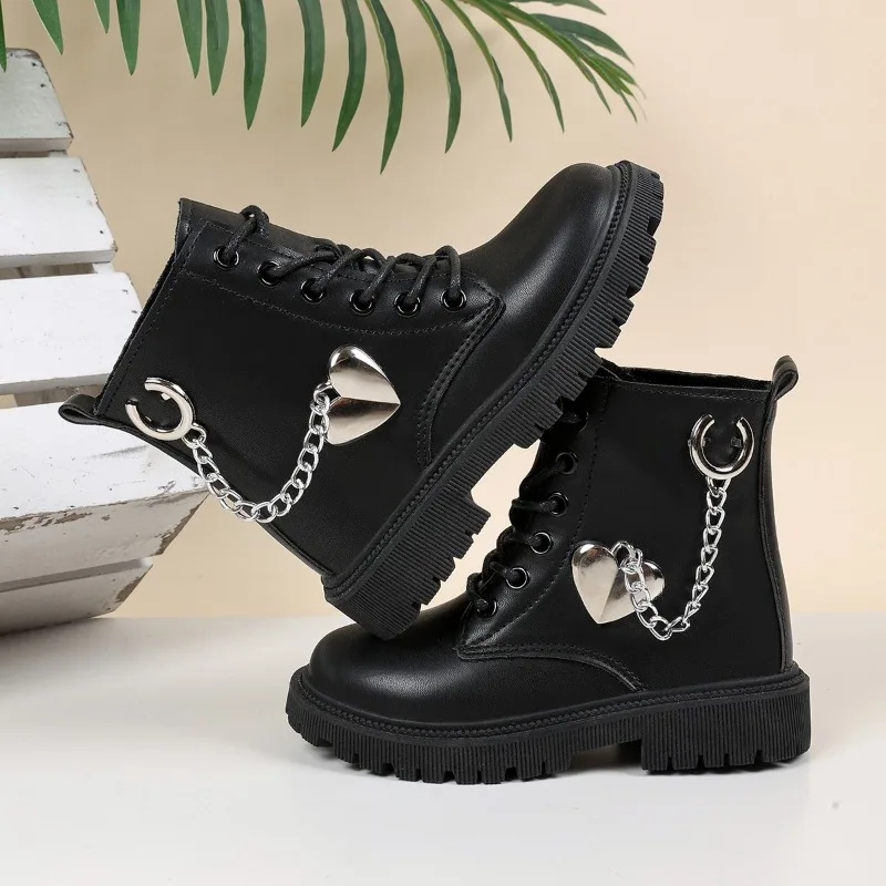 Kids Short Boots with Sweet Chain Children Leather Boots Korean Style Soft Sole 2025 New Fashion Girls Princess Boots Round Toes