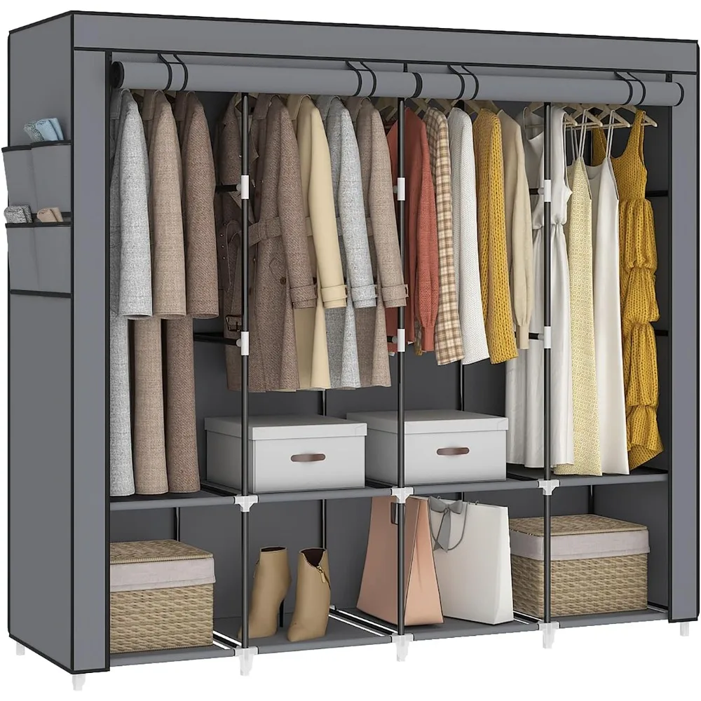 

67 Inch Portable Closet Wardrobe for Hanging Clothes, Wardrobe Closet with Cover, 4 Hanging Rods and Side Pockets