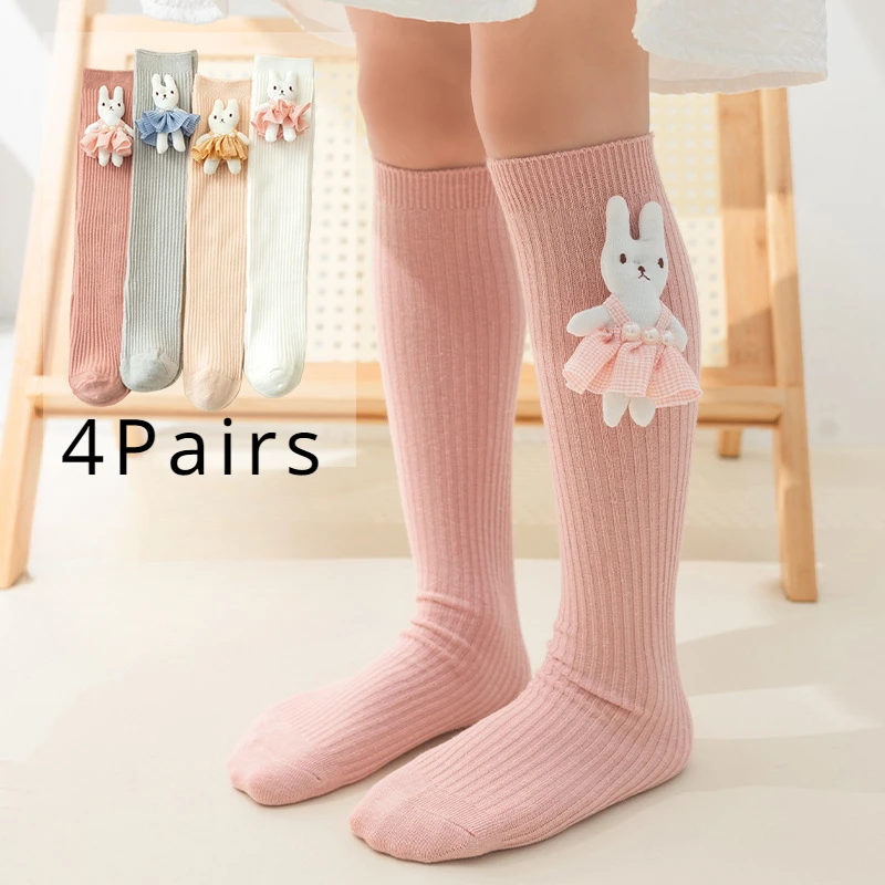 4 Pairs Girls\' Stockings Soft and Comfortable Spring and Autumn Fashion Cartoon Rabbit Sports Baby Knee-high Socks