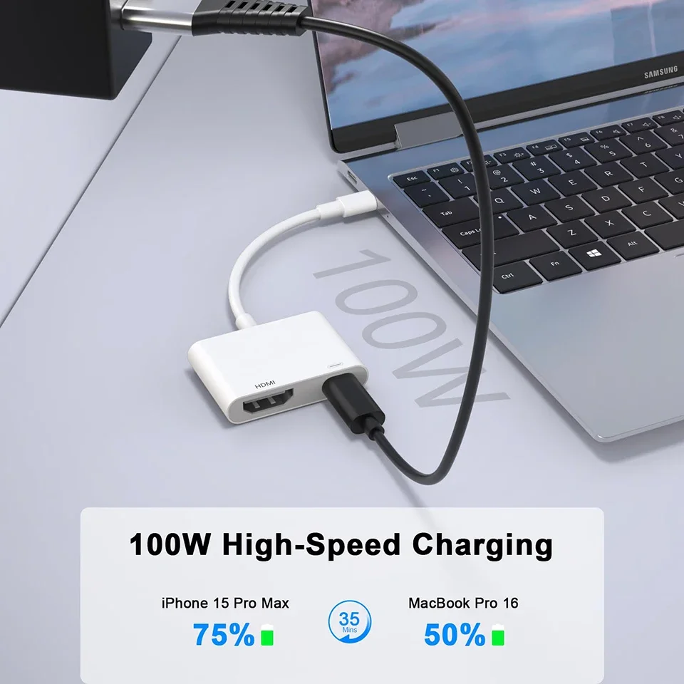 2 في 1 USB C إلى HDMI محول آيفون 16 برو ماكس نوع C محول رقمي 4K مزامنة موصل الشاشة آيفون إلى HDTV العارض #3