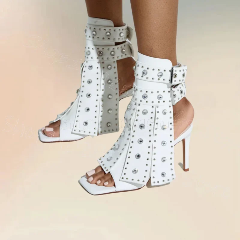 

Rivets Decor White Cut Heel Open Toe Sandals Buckle Strap Women Shoes Thin High Heels New Party Banquet 2025 Zapatos Para Mujere