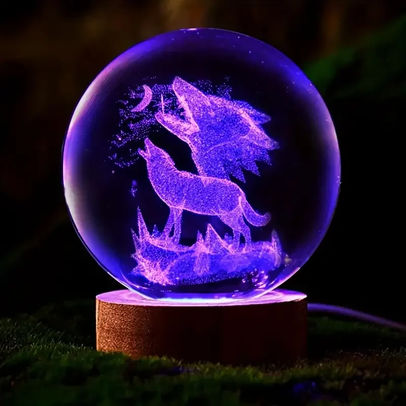 1 pc 3D laser carved crystal ball with Wolf howl pattern, suitable for bedroom living room home decoration