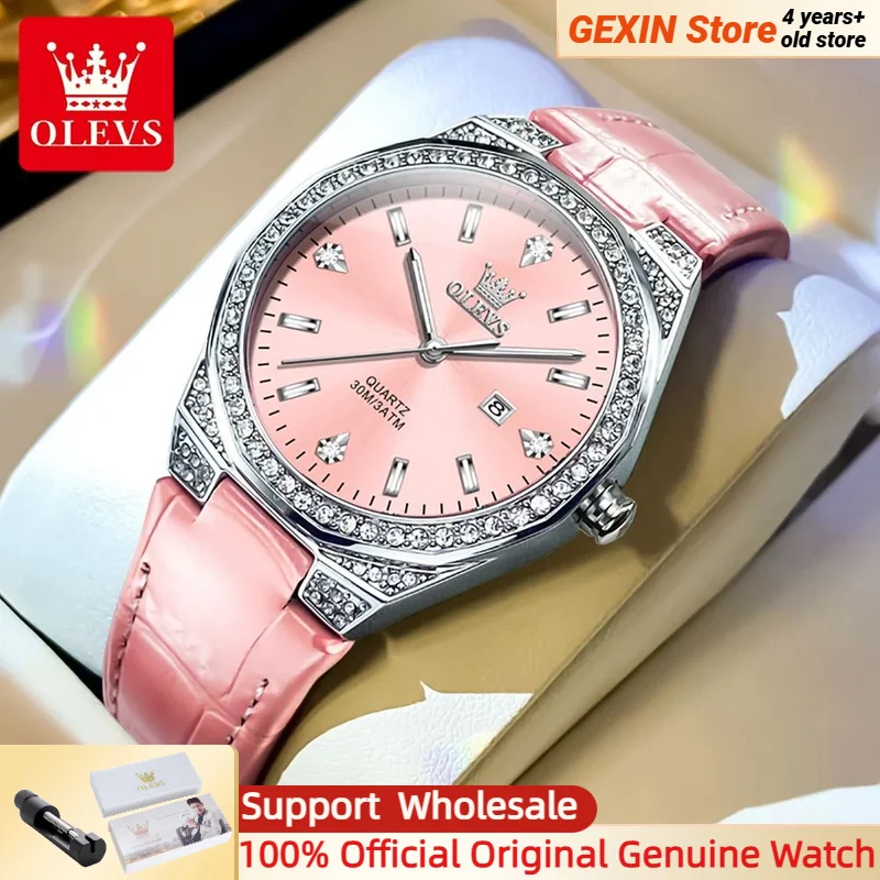 OLEVS NEW Women's Watches Pink Leather Strap Full Diamond New Style Date Waterproof Original Quartz Watch for Girl Fashion