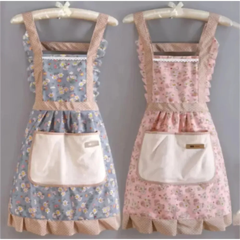1PC Pink Lovely Canvas Apron Female Household Kitchen Cooking Antifouling Breathable Wear Cleaning Suitable