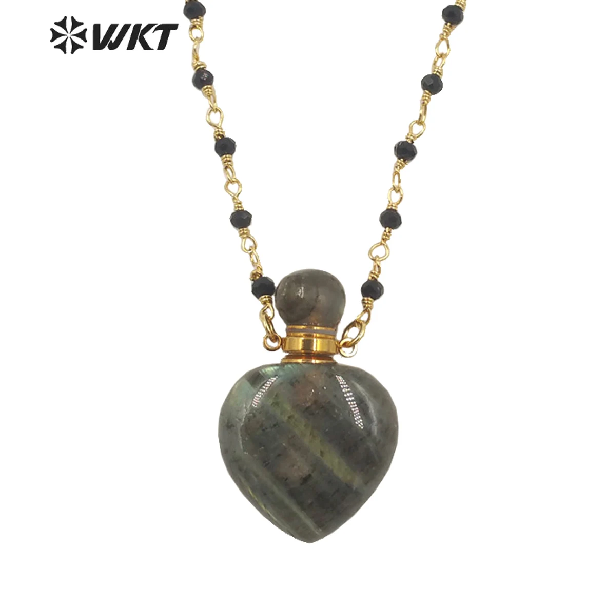 WT-N1389 Wholesale Trendy Black Rosary Beads Labradorite Perfume Bottle Necklace Fashion Women Heart Stone Pendant Accessories