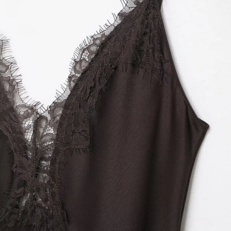 Robe d'été asymétrique en Satin et dentelle pour femmes, tenue élégante, col en v, bretelles Spaghetti, robe de soirée en boîte de nuit