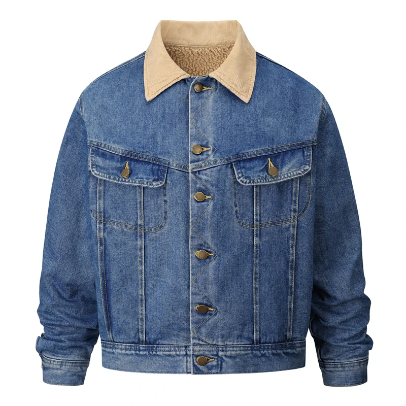 Sherpa-gefütterte Jeansjacke mit Patchwork-Kordkragen, Fleece-Cargojacken für Herren, Vintage-Waschung, Oversize-Warm-Jeansmantel für den Winter – Detail 2