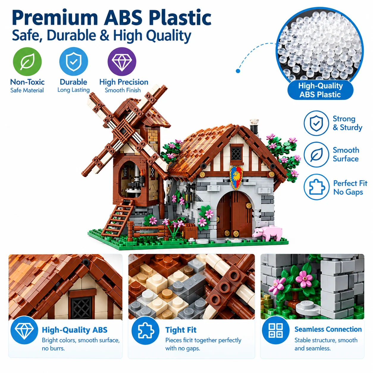MOC Medieval Windmill Cottage Building Blocks Village House Architecture Assembly Bricks Model Desktop Display Adult Hobby