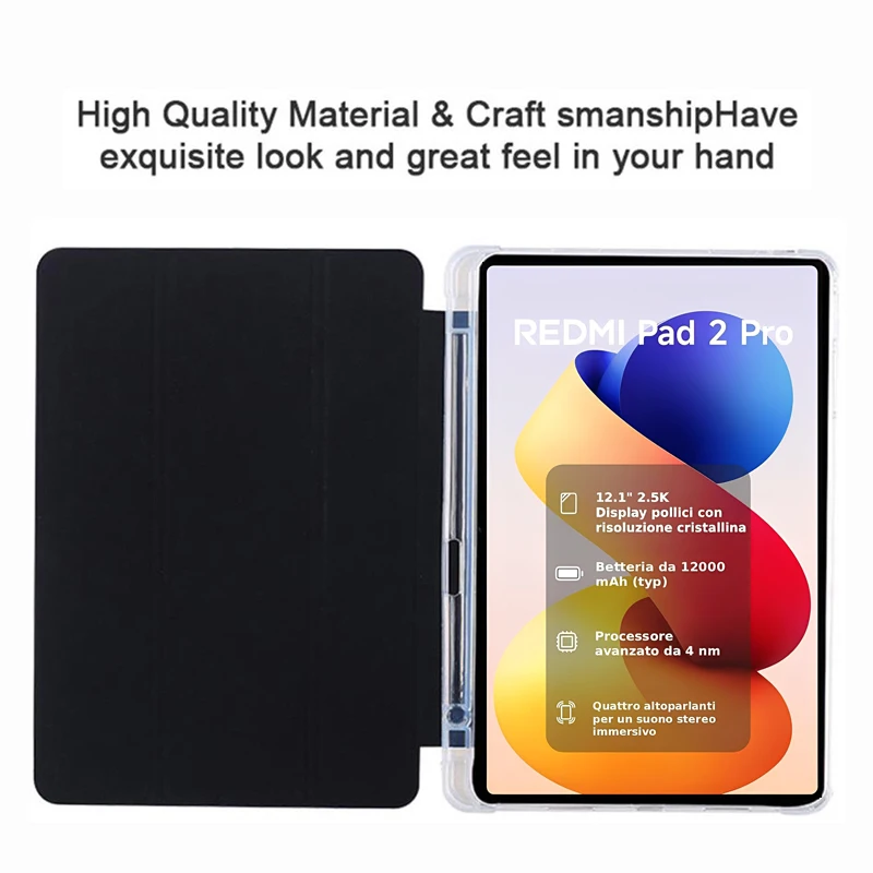 for Xiaomi Redmi Pad 2 Pro 12.1 Inch 2025 Tablet Case Trifold Smart Flip Leather Stand Soft Back Funda With Pen Slot Cover