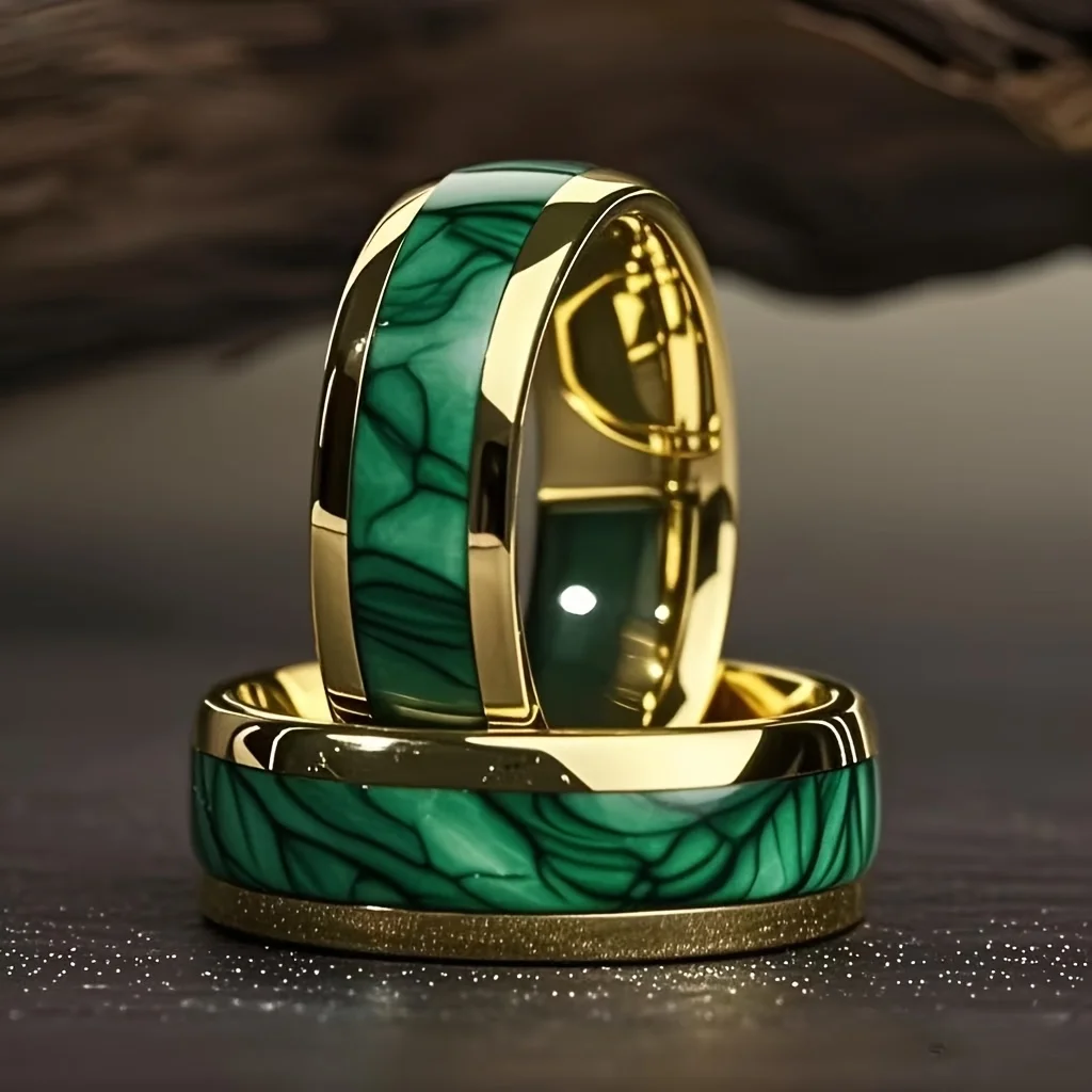 موضة 8 مللي متر الرجال القبة الأخضر أذن البحر قذيفة البطانة الفولاذ المقاوم للصدأ خواتم الذهب اللون الصلب خواتم ل الزفاف المشاركة مجوهرات هدية #1