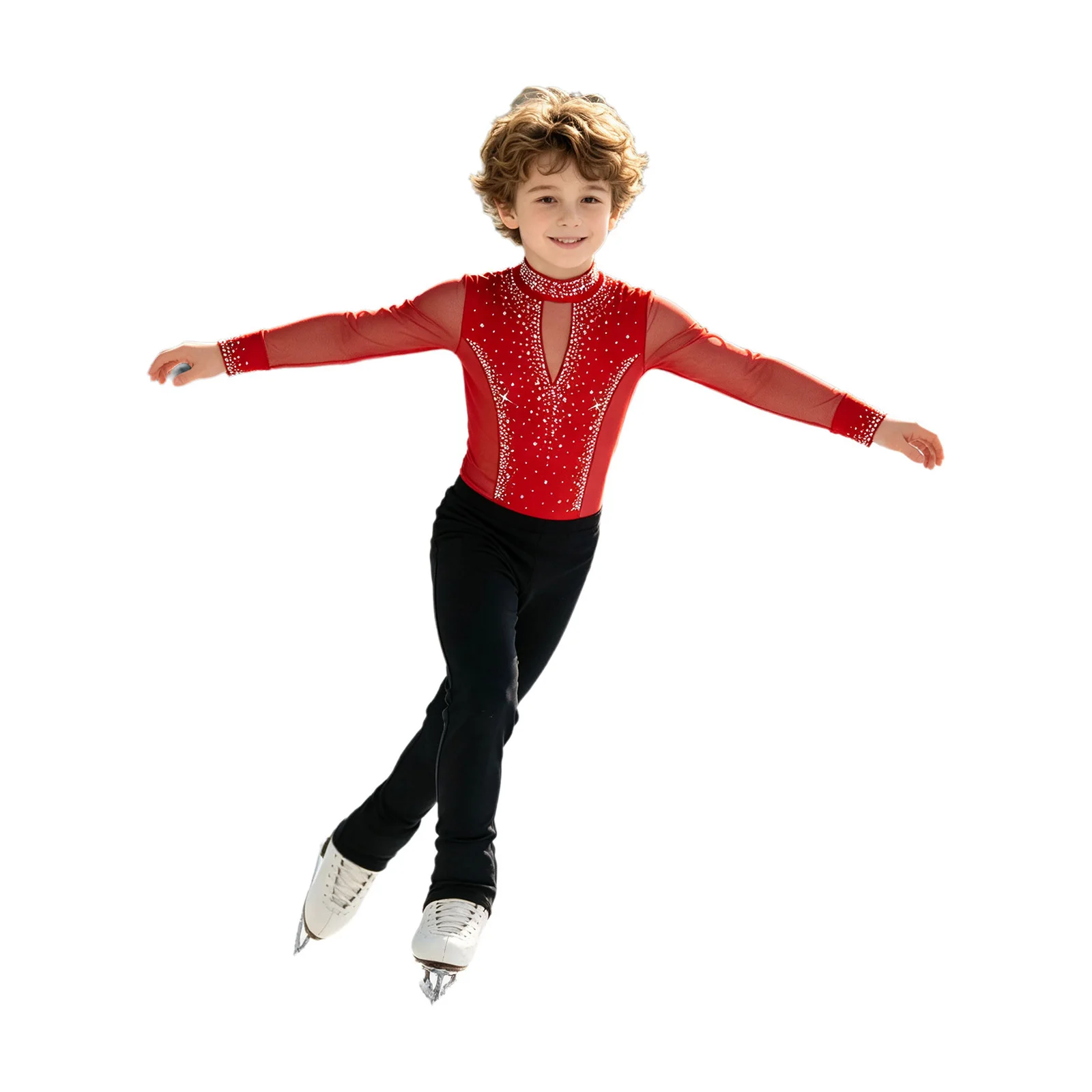 Kinder Jungen Strass-Bodysuit Jumpsuit Langarm Mesh-Bodysuit Gymnastik Ballett Trikot Eiskunstlauf Auftritts-Kostüm – Detail 7