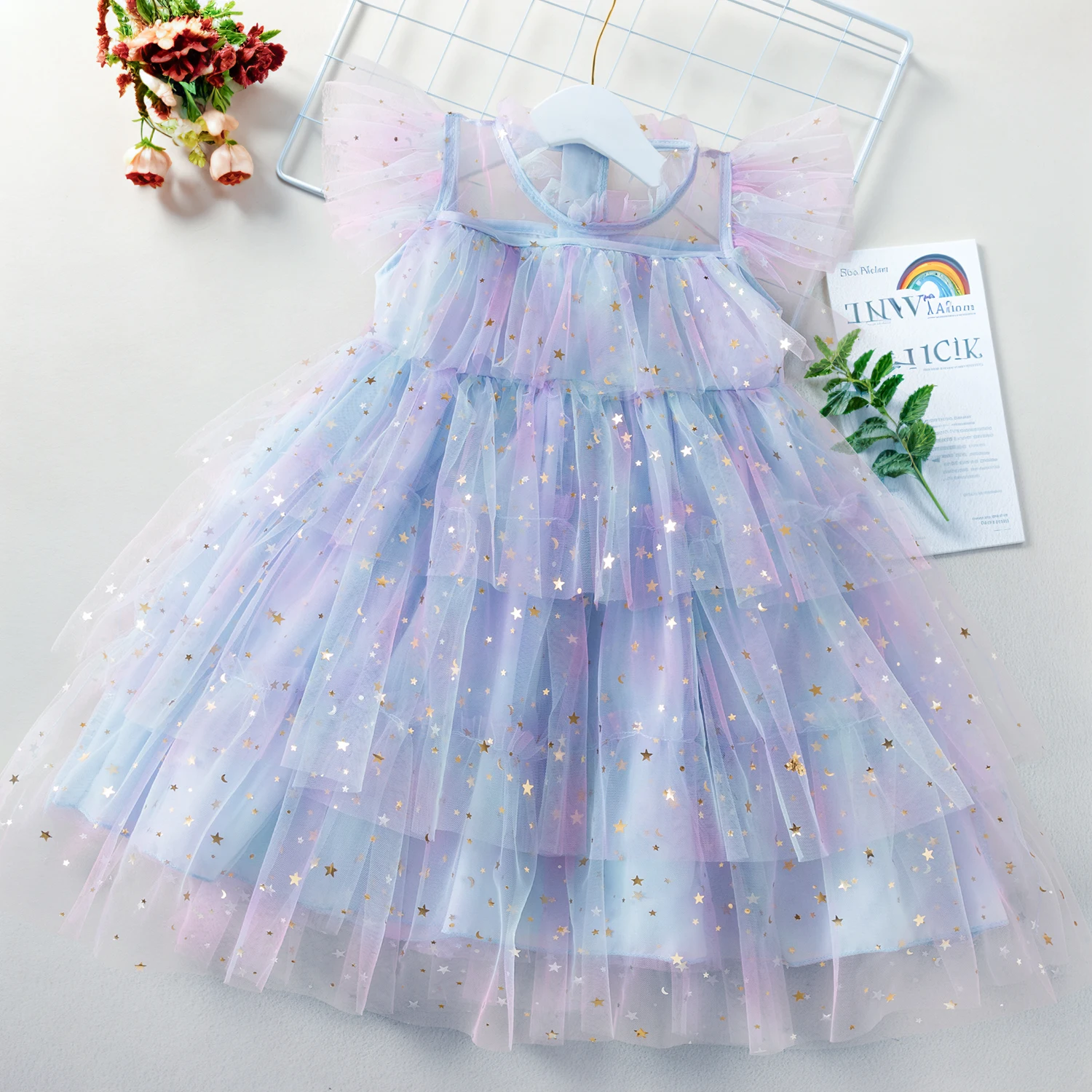 Summer Girl Tulle Fairy Princess Dresses Fly Sleeve Rainbow Star Sequined Cake Dress Children Mesh Puffy Birthday Party Vestidos