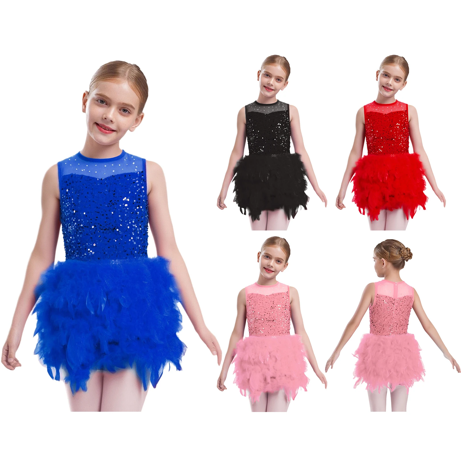 Girls Figure Skating Ballet Dance Dress Sleeveless Sequins Feather Velvet Leotards for Ballroom Latin Tango Dancing Performance