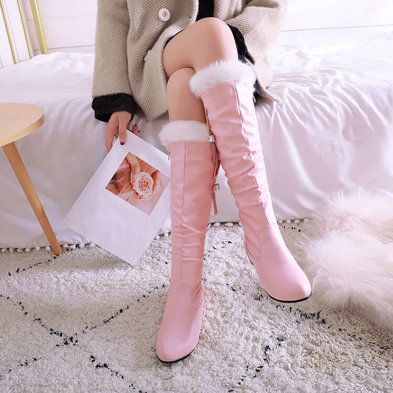 Winter Women Boots White Faux Fur Knee High Boots Rhinestone Round Toe Long Boots Low Heels Botas Mujer Warm Women Shoes WSH4934