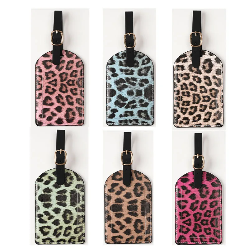 

Women Men Fashion Leopard Print Luggage Tags PU Leather Suitcase Labels Tags with Adjustable Strap Travel Travel Accessories