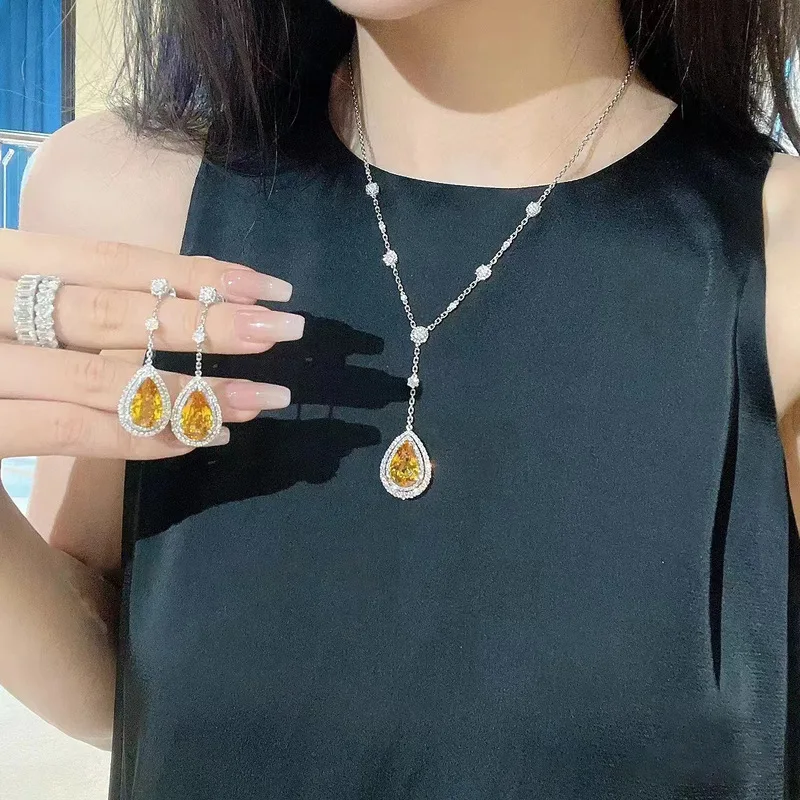 S925 pure silver precious gemstone earrings, necklace, ring, open style, yellow diamond drop-shaped, elegant and versatile style