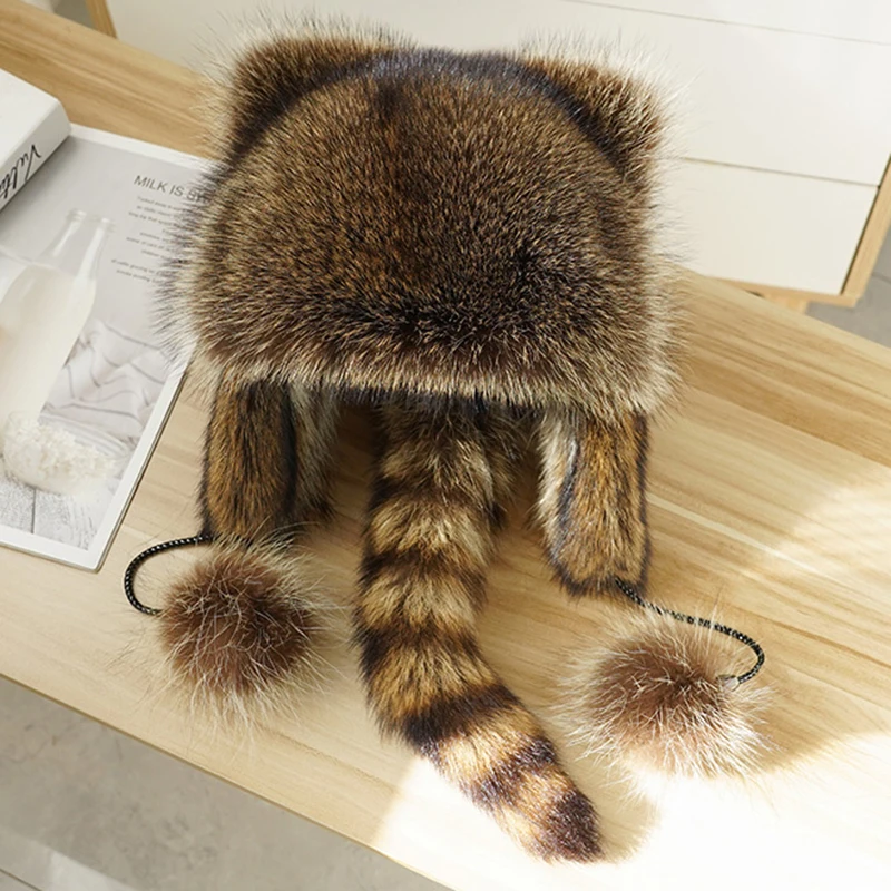 Lady Real Raccoon Fur Cap Tail Women Natural Raccoon Fur Caps Ushanka Hats for Winter Thick Warm Ears Fashion Bomber Pom Pom Hat