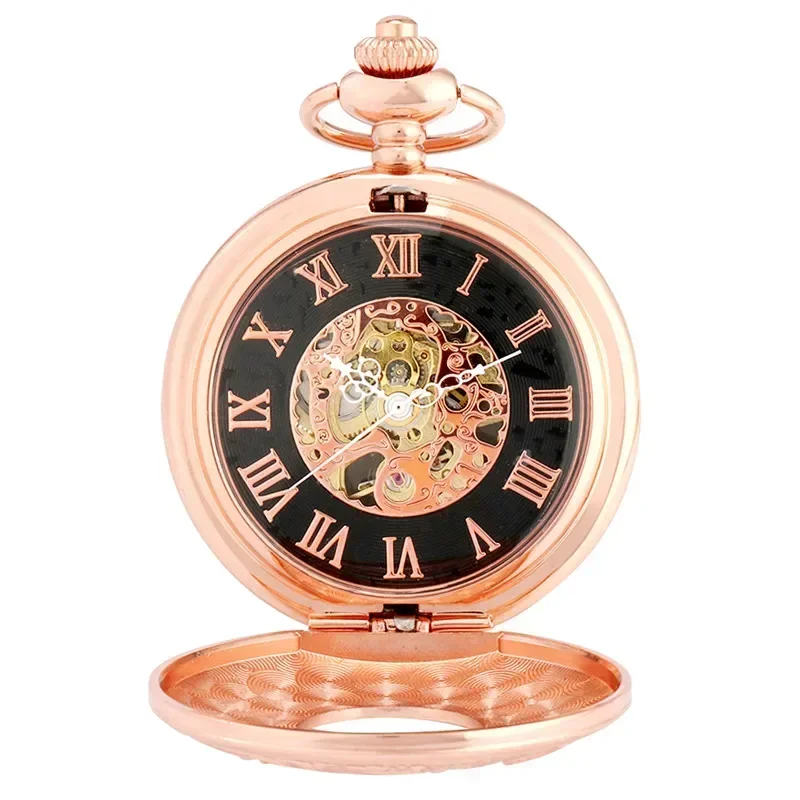 Vintage Rose Gold Roman Number Cover Men Women Handwinding Mechanical Pocket Watch Skeleton Dial with Pendant Fob Chain Gift